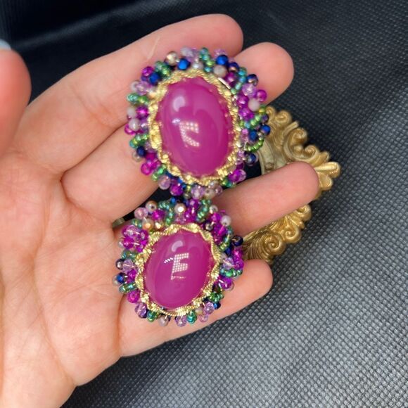 Vibrant Pink Oval Stud Earrings with Multi Color Crystal Details - Picture 6 of 8